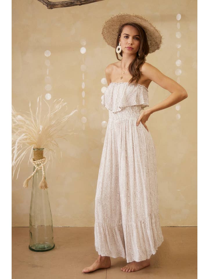 IVORY COCO JR6481 BREEZY PRINT STRAPLESS RUFFLE JUMPSUIT for wholesale on Faire