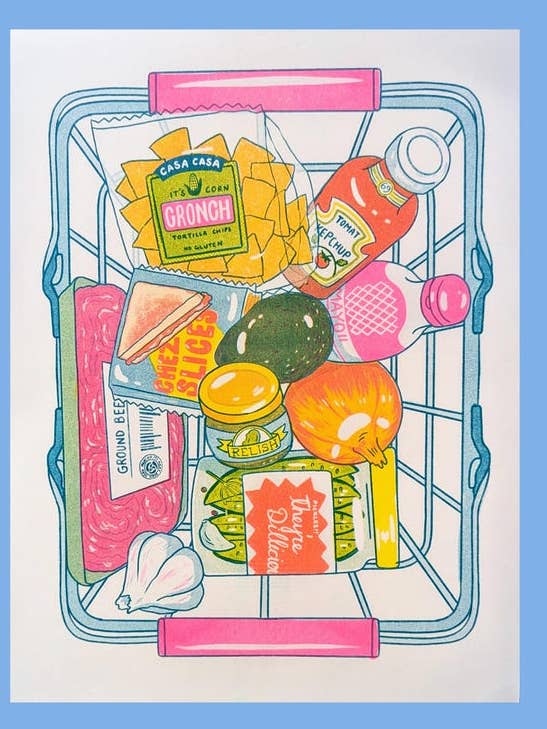 Cheeseburger Nachos Recipe| 8.5"x11" Risograph Print for wholesale by Christina Hu