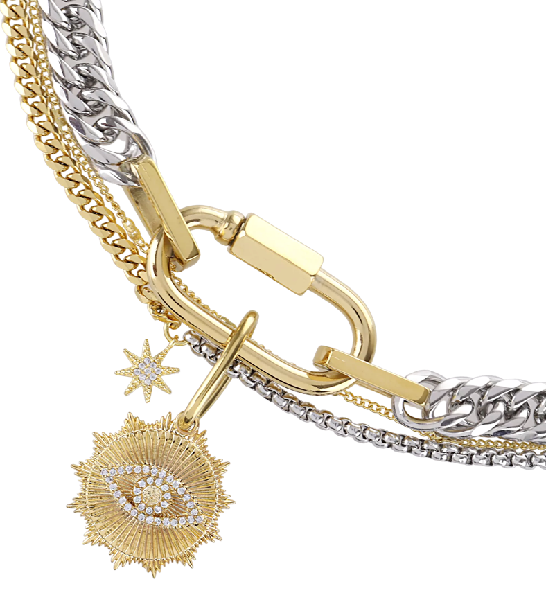 HoopLa - Venta al por mayor Collares con colgantes/abalorios - Collar de 3 posiciones con mosquetón de mal de ojo 2 en 1-PVD1