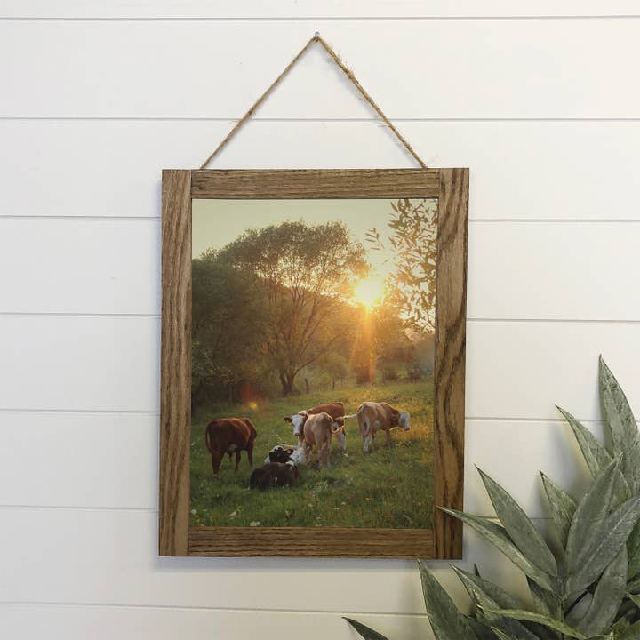 Hangout Home - Wholesale Art Print - Cows Relax Wood Sign Framed Wall Art Print