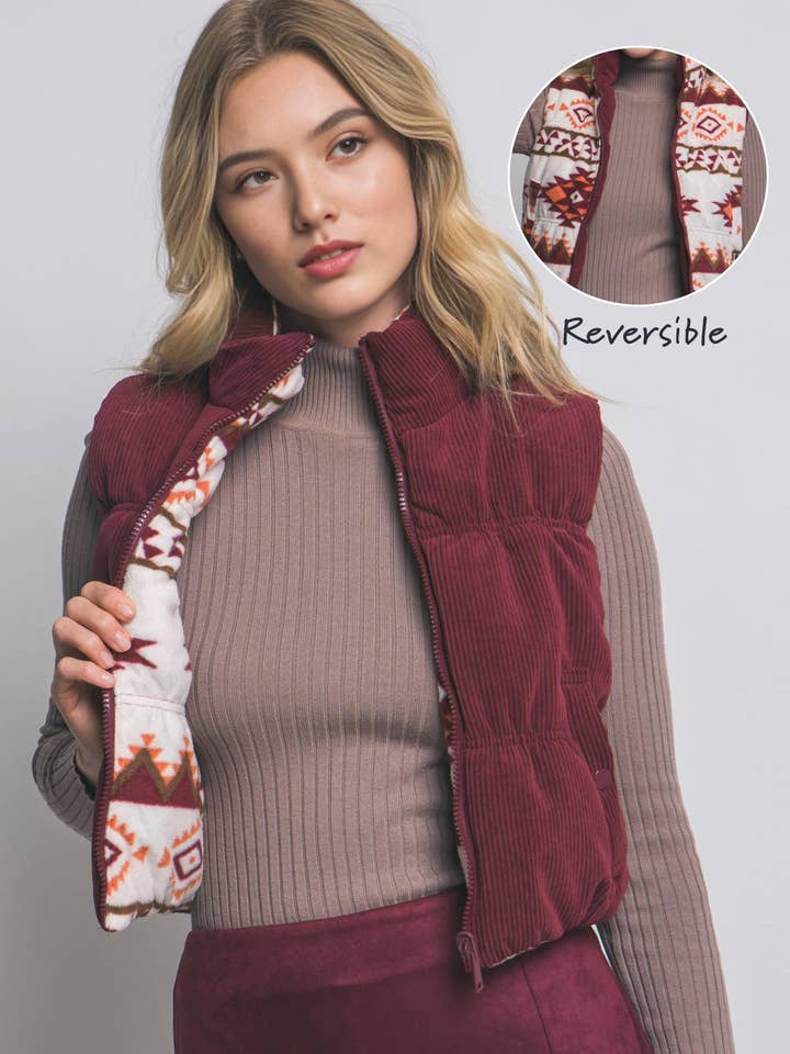 42POPS - Vendita all'ingrosso Gilè imbottito - Donna - ,...._ 0910 Gilet imbottito in velluto a coste reversibile con stampa azteca SI-287621