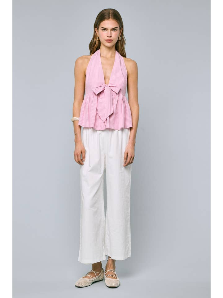 Sky to Moon - Wholesale Tank Top - Women's - STRIPE PRINT HALTER FRONT TIE OPEN BACK RUFFLE TOP