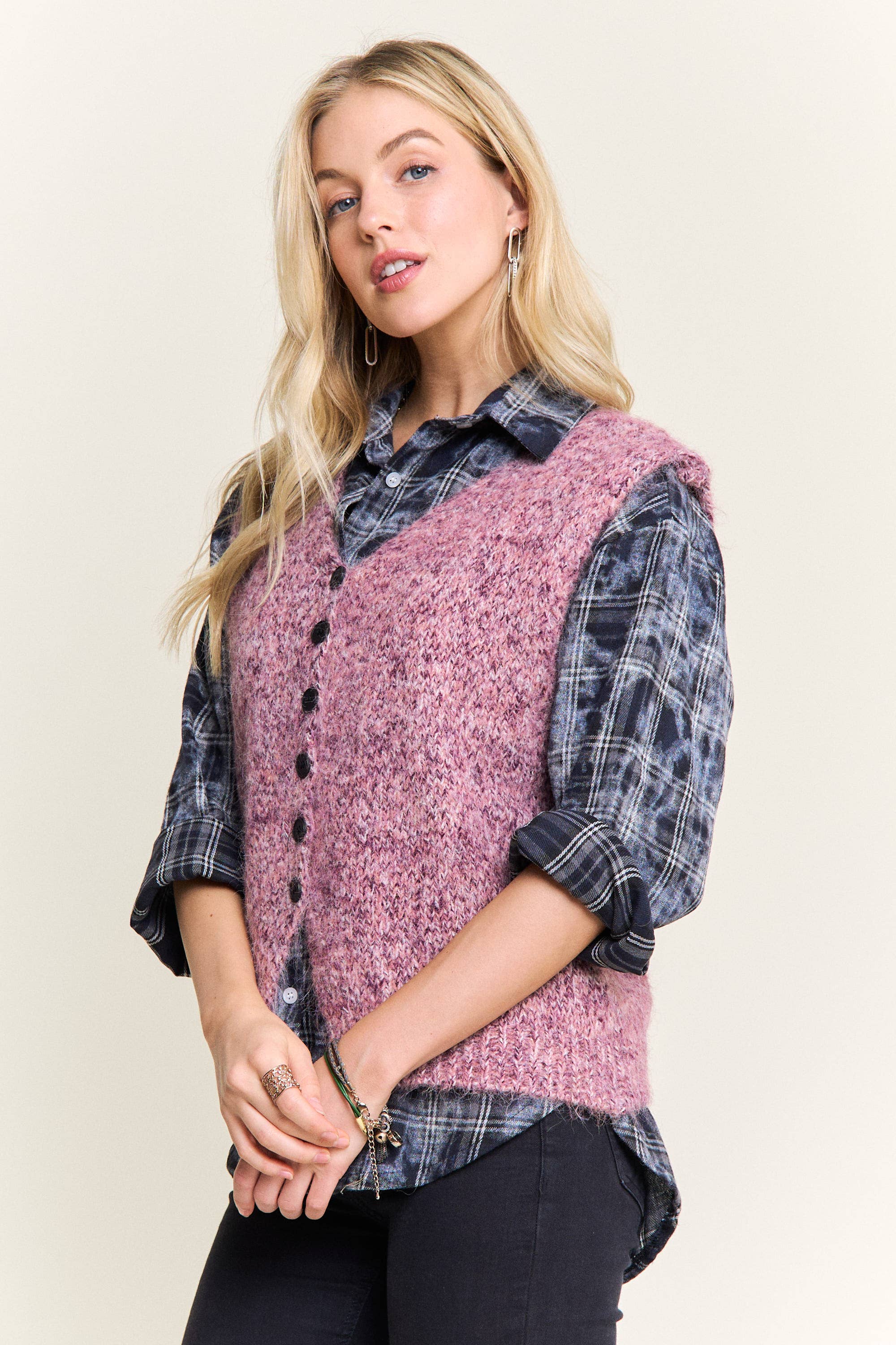 ADORA LA - Wholesale Outerwear Vest - Women's - CESW4158-BUTTON-UP FUZZY KNIT SWEATER VEST16