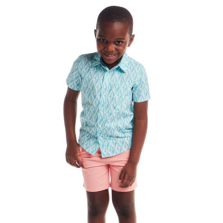 Kids (2-8) Geo Shark Short Sleeve Buttondown | Aqua for wholesale on Faire