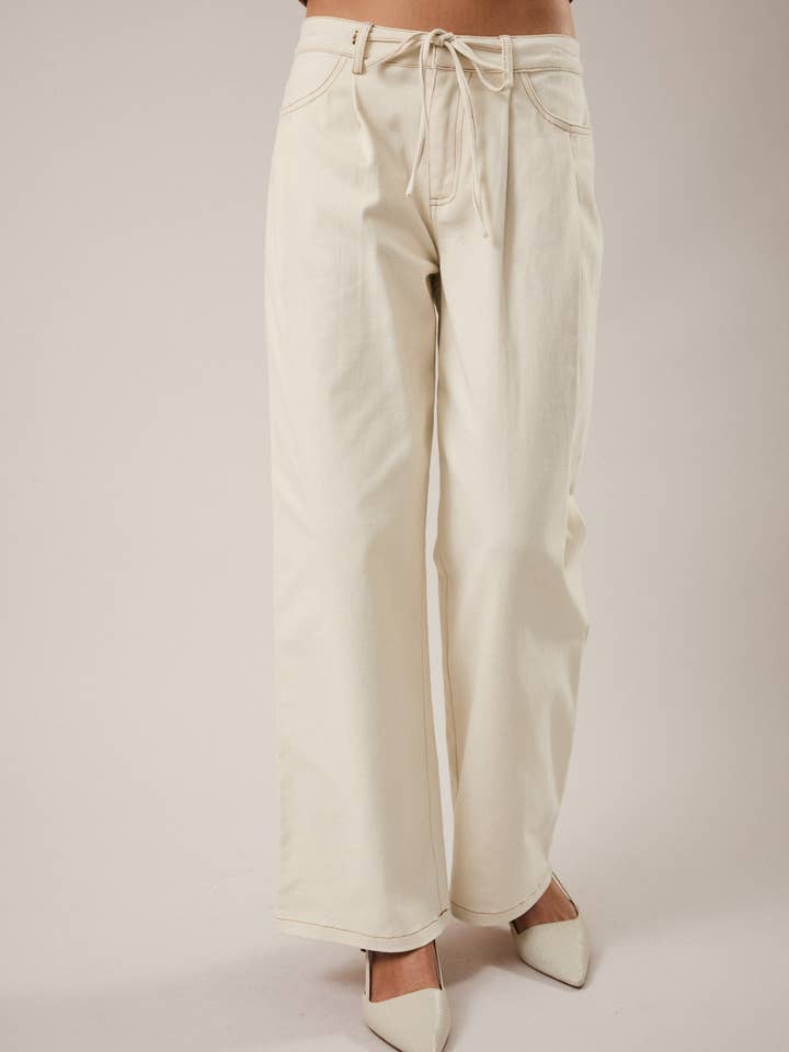 WAIST TIED PLEATS DETAIL STRETCHED TWILL PANTS for wholesale by Sunday Edition by LE LIS