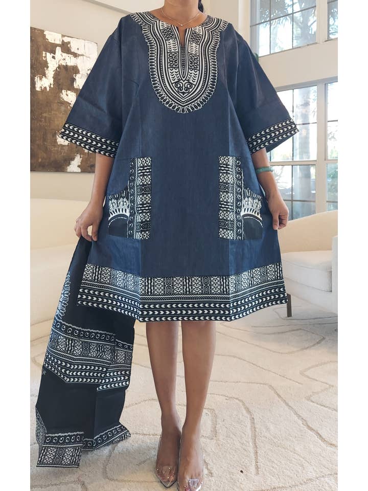 India Batik - Vendita all'ingrosso Vestito - Donna - Maglia/abito africano in denim/dashiki di media lunghezza, nero/blu