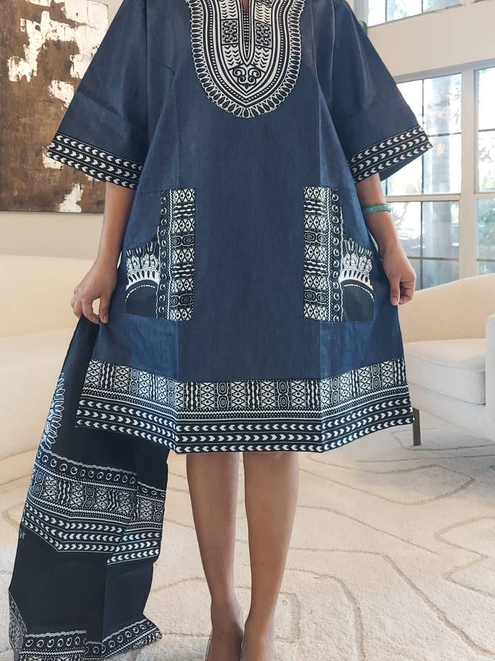 African Mid Length Denim/Dashiki Top/ Dress- Black/Blue for wholesale by India Batik