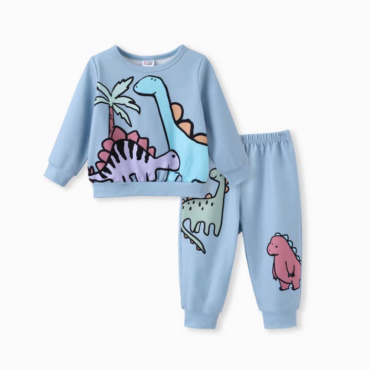 PatPat - Wholesale Top & Pant Set - Baby - Baby Boy 2pcs Dinosaur/ Vehicle Print Sweatshirt & Pants Set