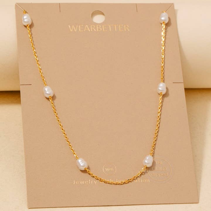 Anarchy Street - Wholesale Link & Chain Necklace - Gold Dipped Pearl Beads Station Chain Necklace