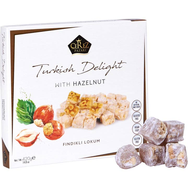 Turkish Delight White Box Double Extra Hazelnut 210g for wholesale by Mahdina