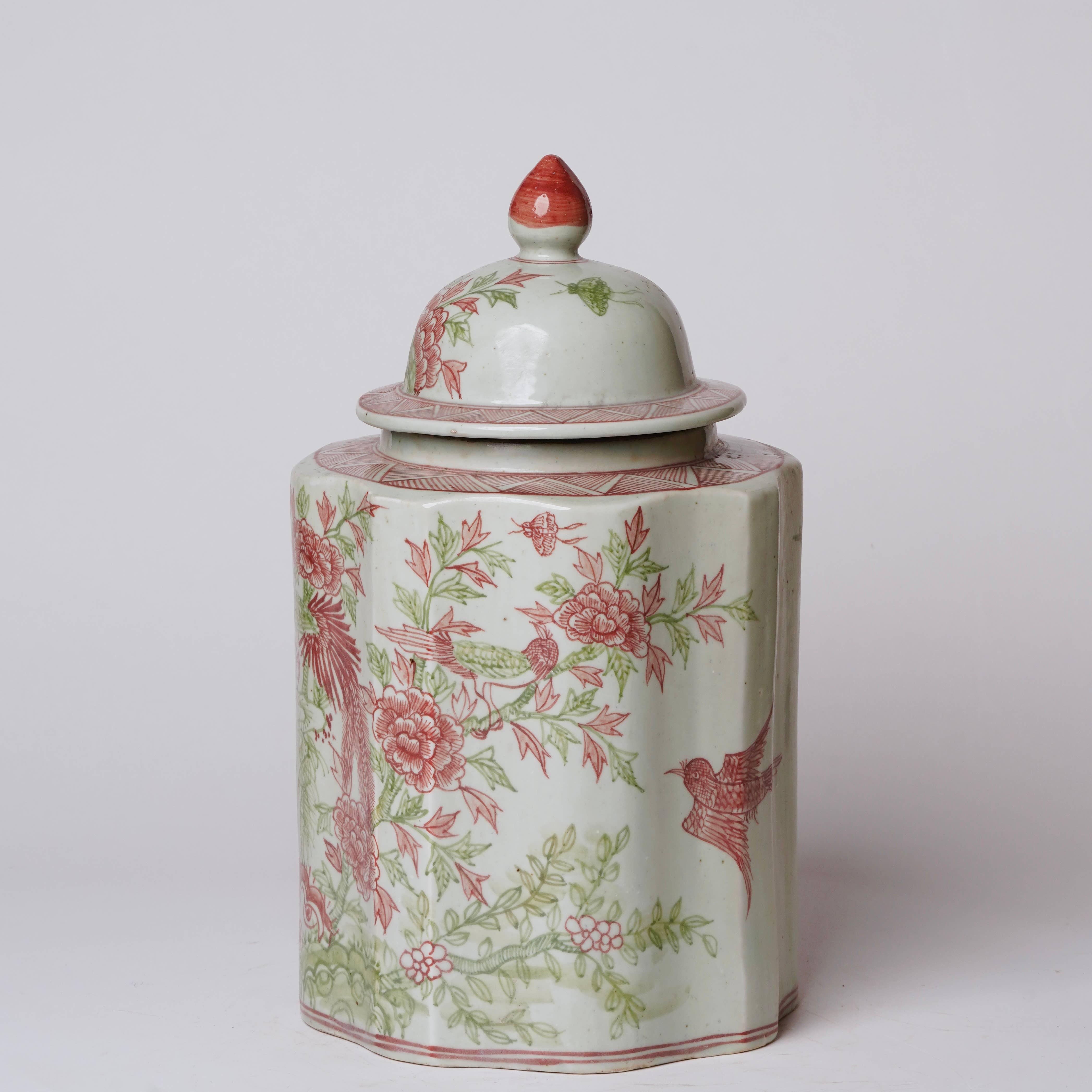 Cobalt Guild - Wholesale Decorative Jar - Pink and Green Porcelain Golden Pheasant Ribbed Lidded Jar2