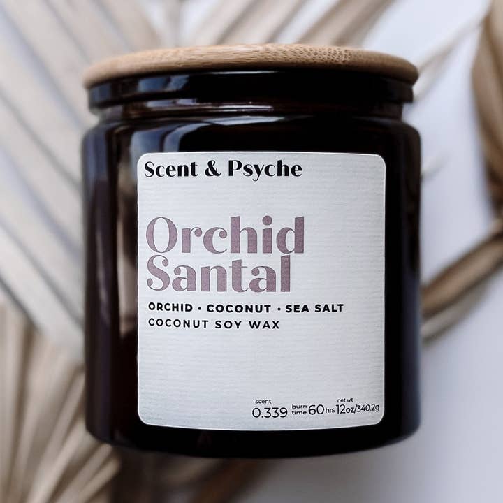 Orchid Santal Scented Candle - 12oz Amber Jar for wholesale by Scent & Psyche