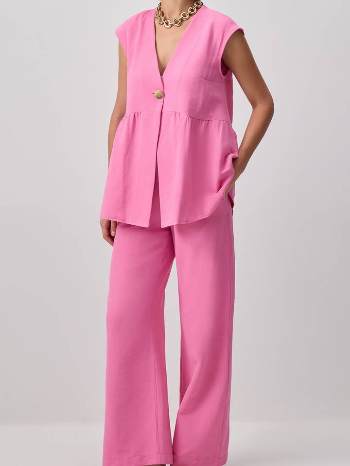 Sleeveless Linen-Blend Peplum Vest Set in Pink for wholesale by Touché Privé