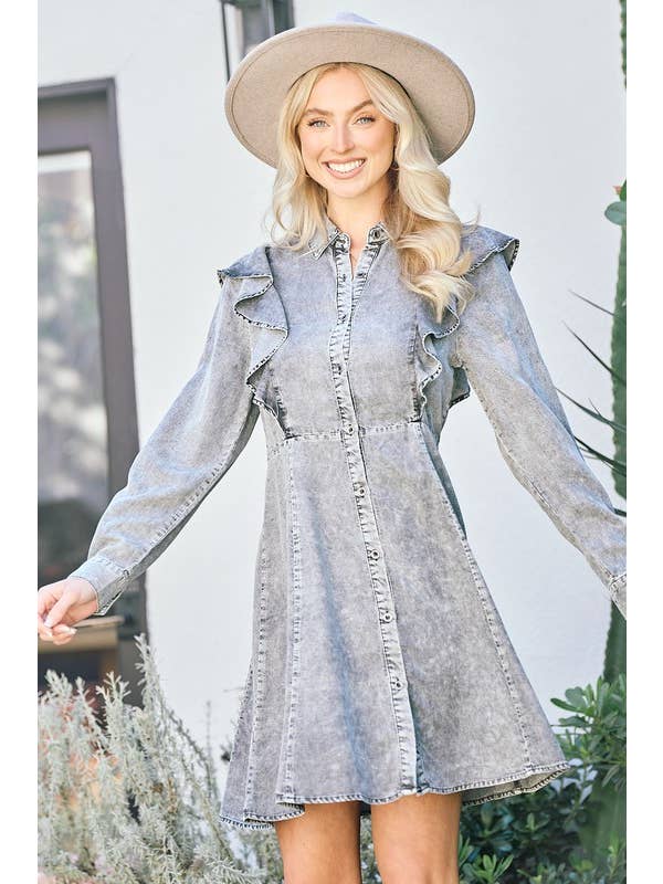 Doe and Rae - Wholesale Dress - Women's - Ruffle Denim Dress - 27097D