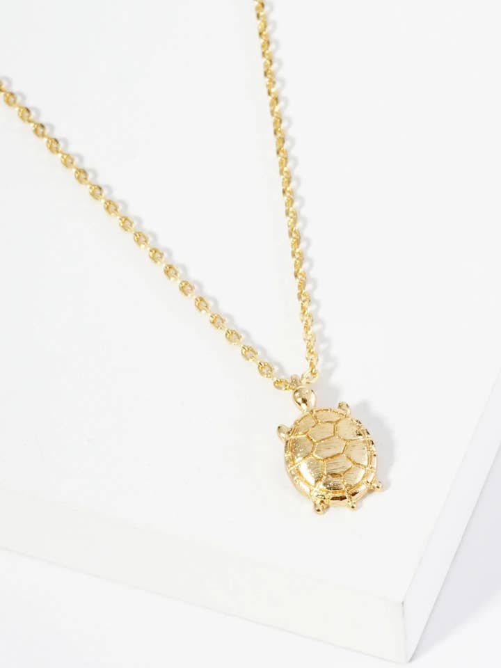 18K Gold Dipped Brushed Brass Turtle Pendant Necklace for wholesale by Wild Honey