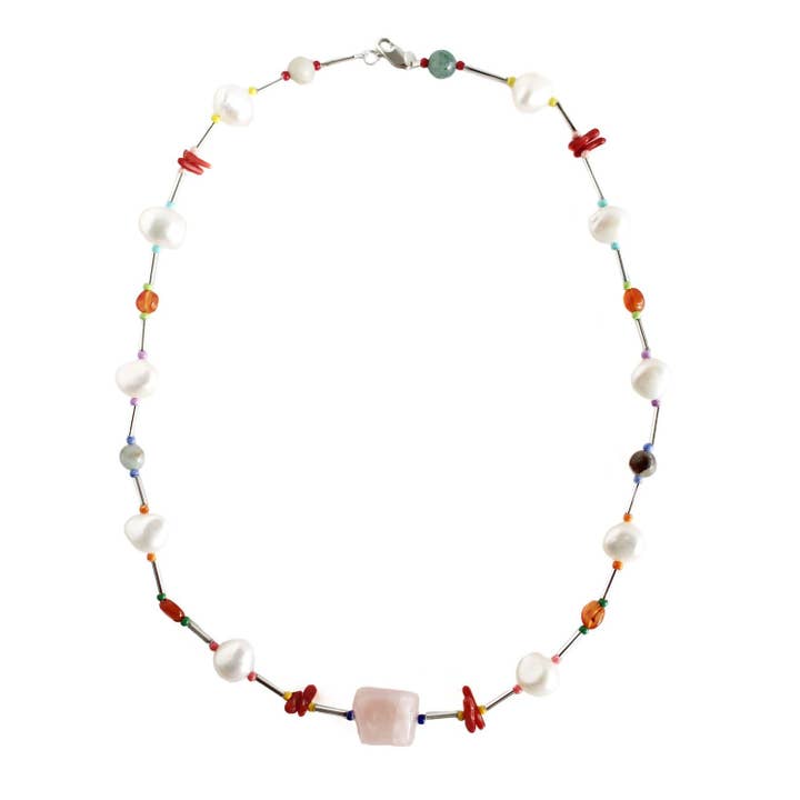 Primavera Beaded Pearl & Rose Quartz Necklace for wholesale by Maalo Jewellery