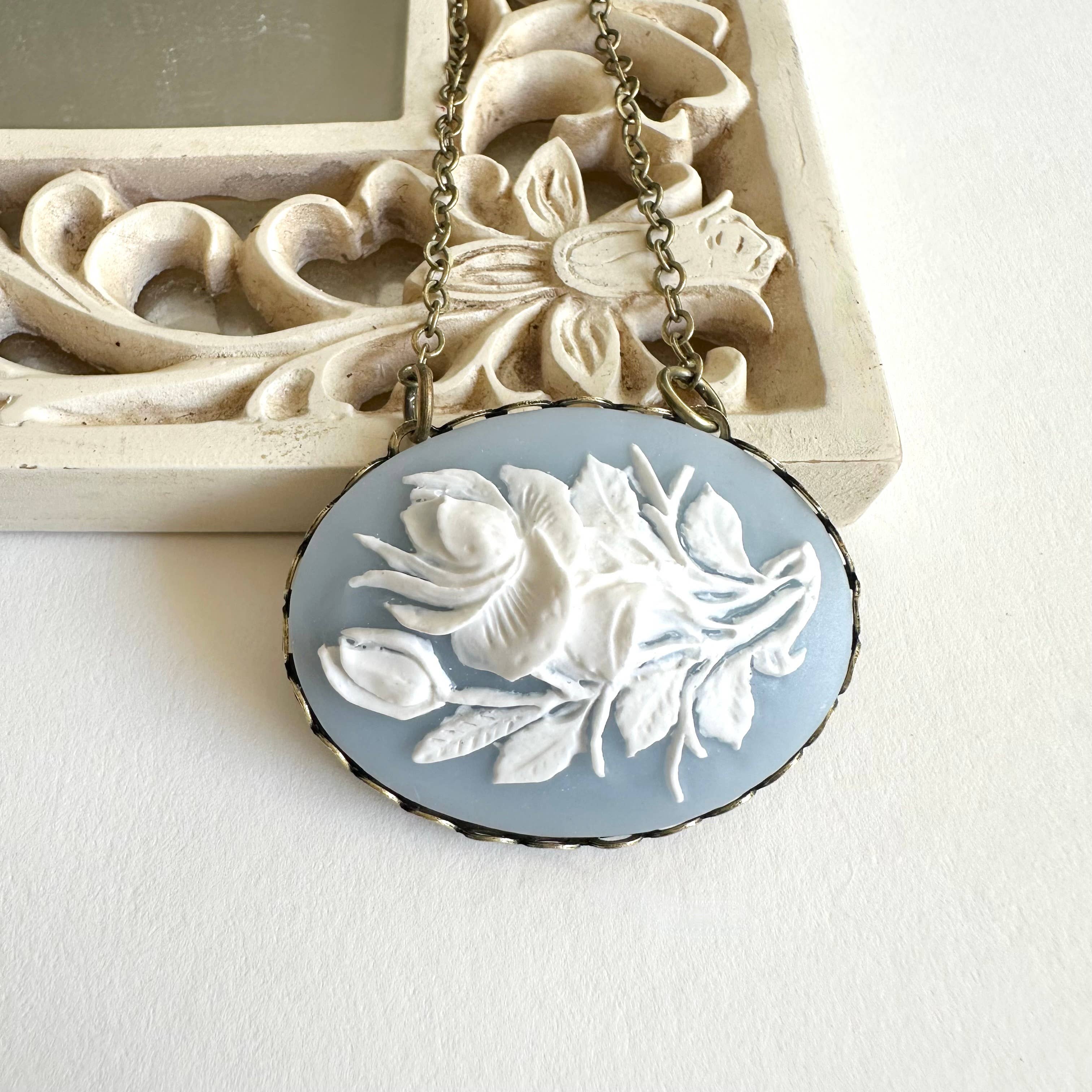 Botanical Bird - Wholesale Pendant/Charm Necklace - Sky blue cameo necklace, white rose cameo pendant1