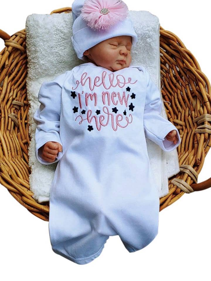 Hello I'm New Here Gown with Beanie for wholesale by The Posh Layette
