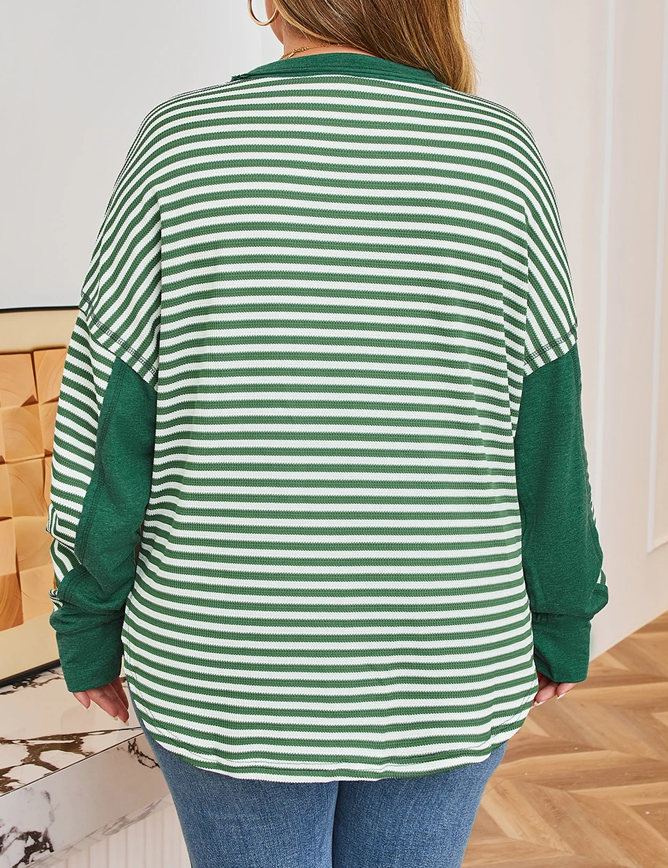 Green Stripe Exposed Seam Patchwork Plus Size Thermal Top for wholesale on Faire1