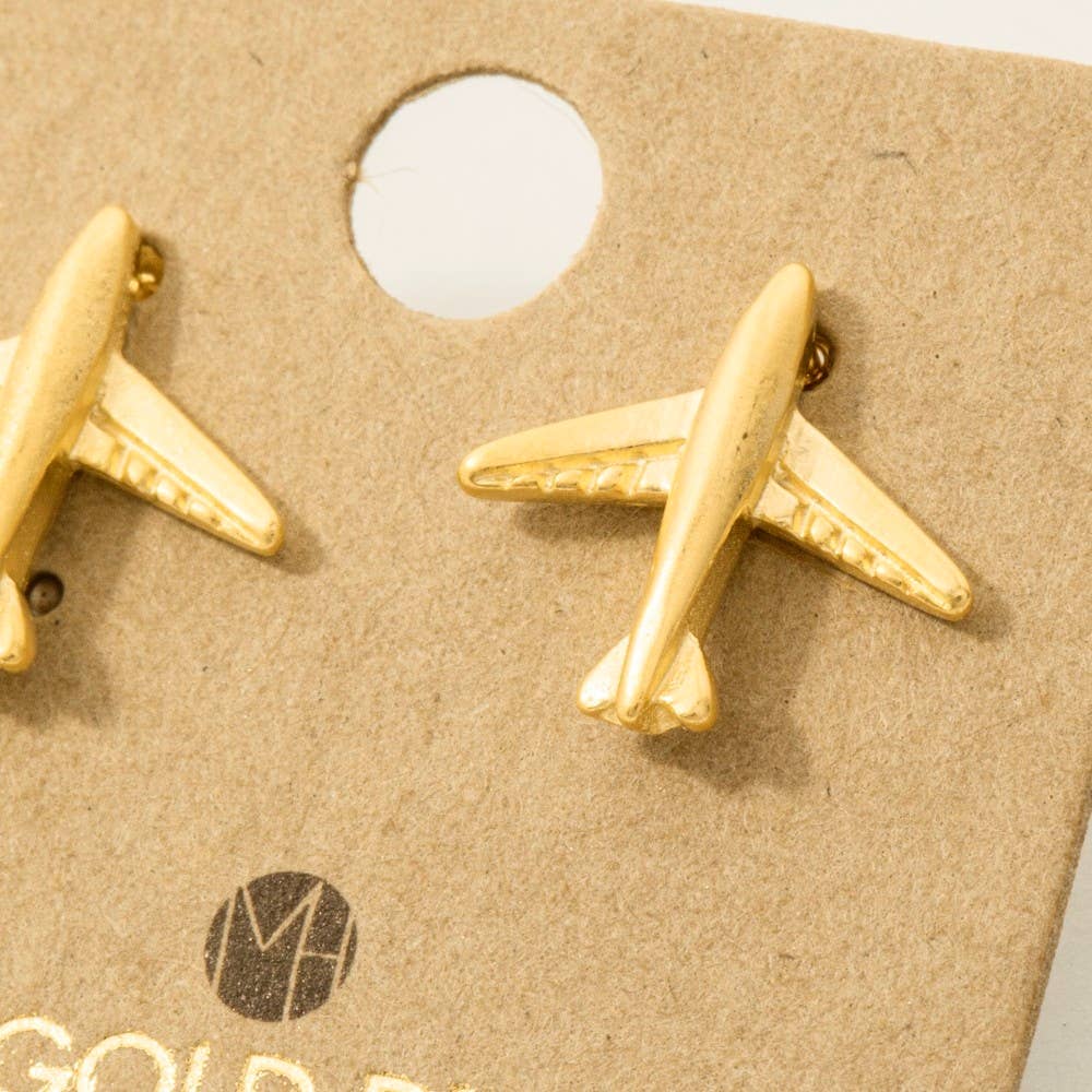 Fame Accessories - Wholesale Stud/Post Earrings - Gold Dipped Airplane Stud Earrings2
