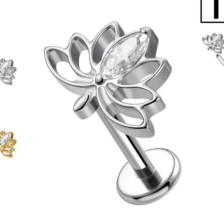 Lotus-Shaped Titanium Labret Piercing with Crystal for wholesale by Awaken