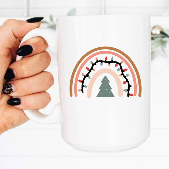 15oz Coffee Cup, Boho Christmas Rainbow, Christmas Lights for wholesale by Boho Sips