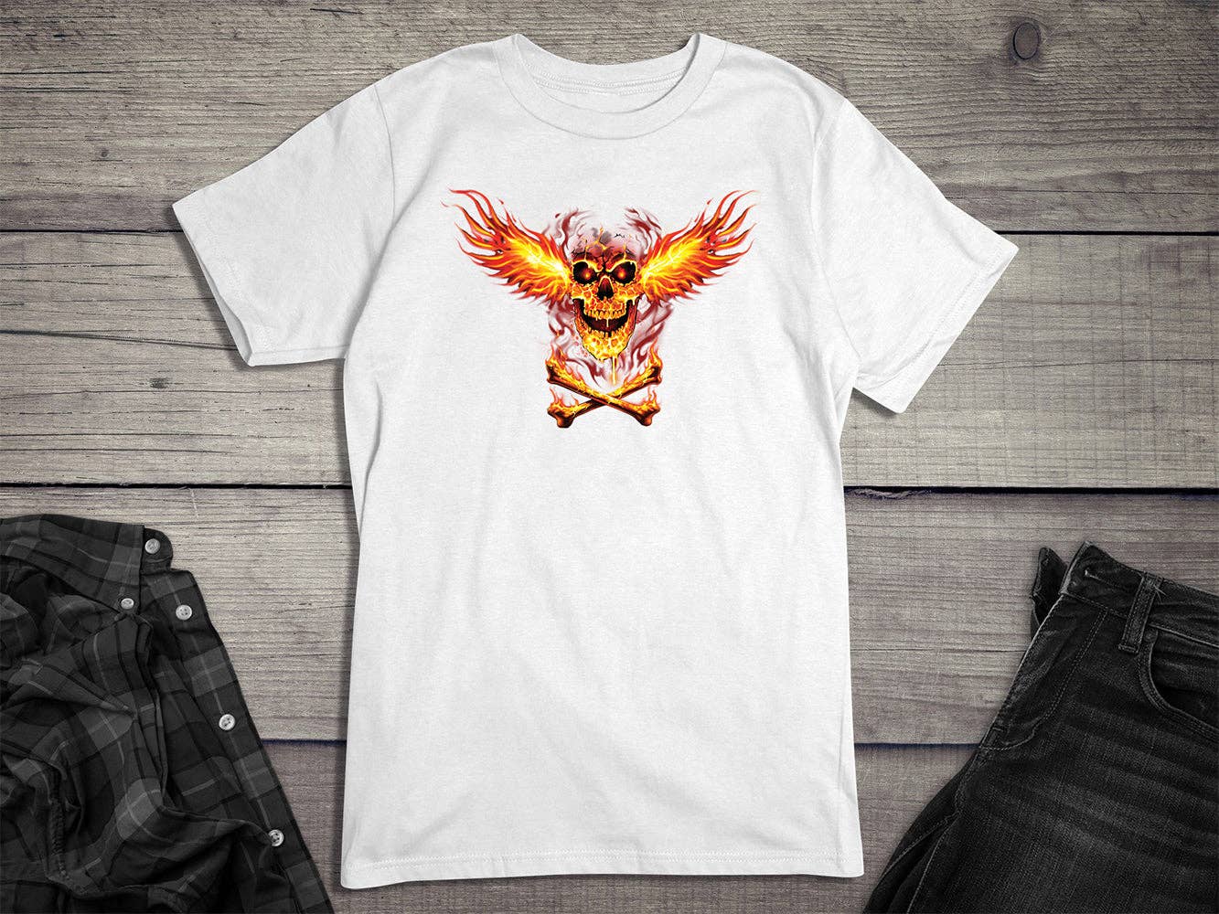 Artopia - Wholesale Screen Printed T-Shirt - Unisex - Skull Fire Wings T-Shirt3