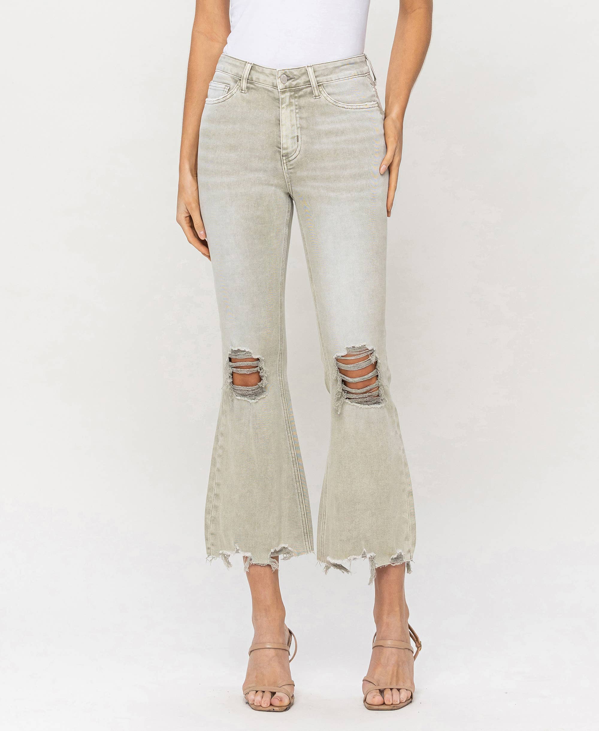 MOSS GREEN HIGH RISE DISTRESSED CROP FLARE JEANS T5773MG for wholesale on Faire0