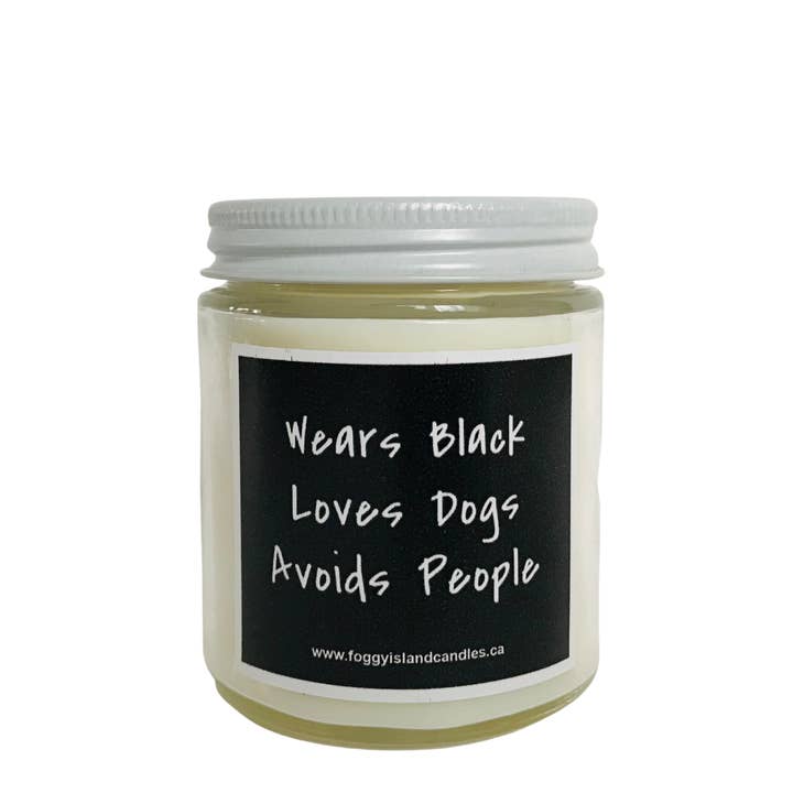 Wears Black, Love Dogs, Avoids People for wholesale by Foggy Island Candle Co.