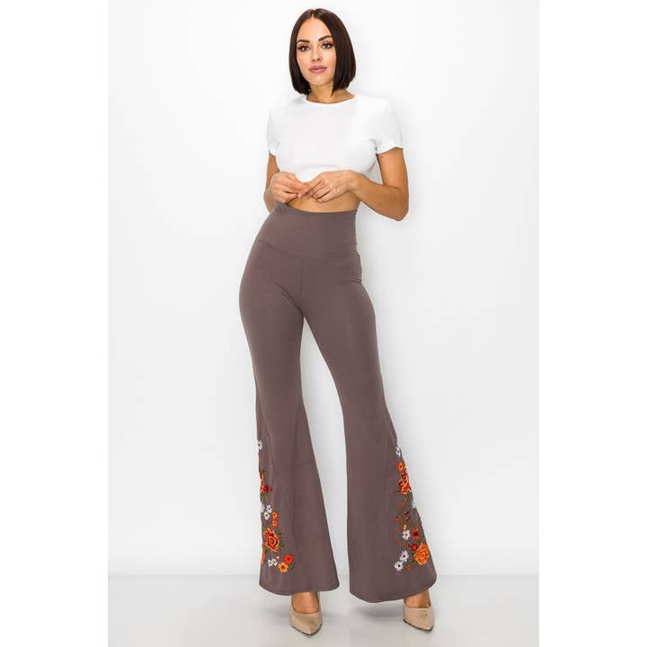 T-Party - Wholesale Pants - Women's - Floral Embroidery Flare Leg Foldover Waist Pants1