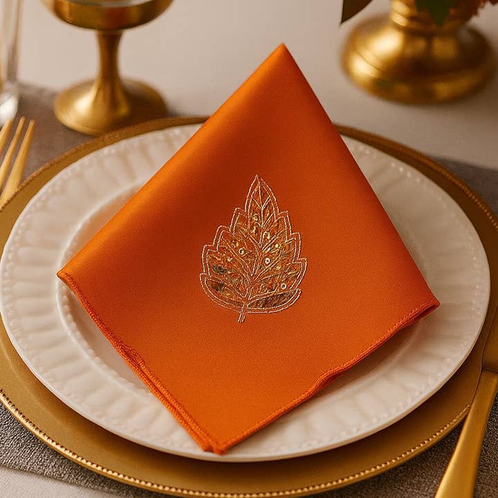 Terracotta Embroidered Sequined Leaf 20" Cloth Napkin for wholesale by Fennco Styles