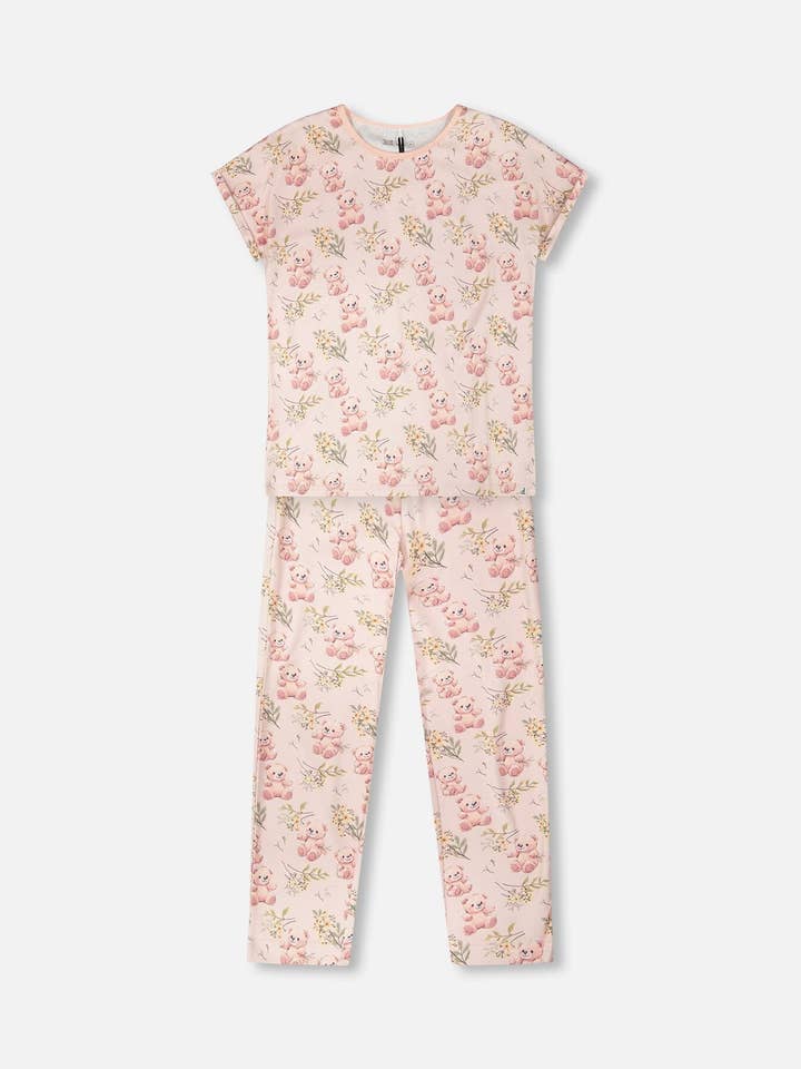 Tweekleurige pyjamaset voor dames van biologisch katoen in lichtroze met berenprint voor wholesale door Deux par Deux