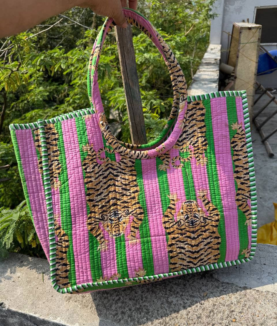 GYPSY STUDIO - Wholesale Shoulder bag – women's - Green Strip Quilted Cotton Tiger Printed Bag Tote Large Bags