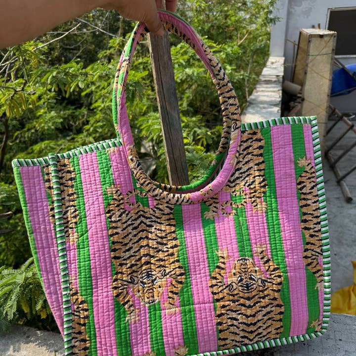 GYPSY STUDIO - Wholesale Shoulder bag – women's - Green Strip Quilted Cotton Tiger Printed Bag Tote Large Bags0