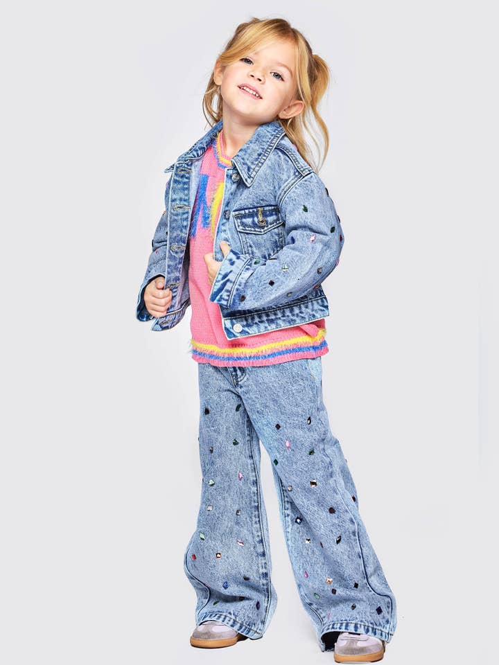 Blue Acid Wash Denim Jacket W/ Rhinestones at Sleeves for wholesale on Faire