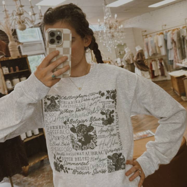 Cow Subway Art Crew Neck Sweatshirt | Cattle Sweatshirt for wholesale by Amy Anne Apparel Inc