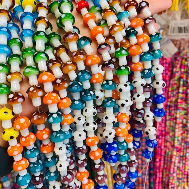 The Bead Bazaar - Wholesale Beads - Strand of Colorful Mushroom Beads, Shroom Pendant Beads, Keychain Bright Clear Mushroom Beads, Mushroom Charms, Boho Bead DIY Jewelry Making