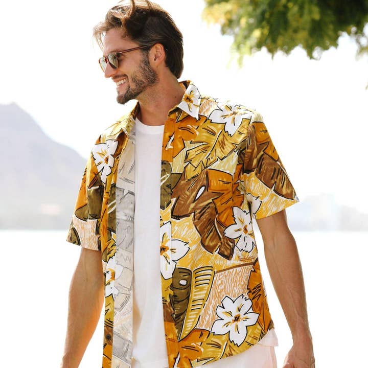 Chemise moderne en coton pour homme Surf Line Hawaii - Tiki Leaf Marron pour la vente par JAMS World