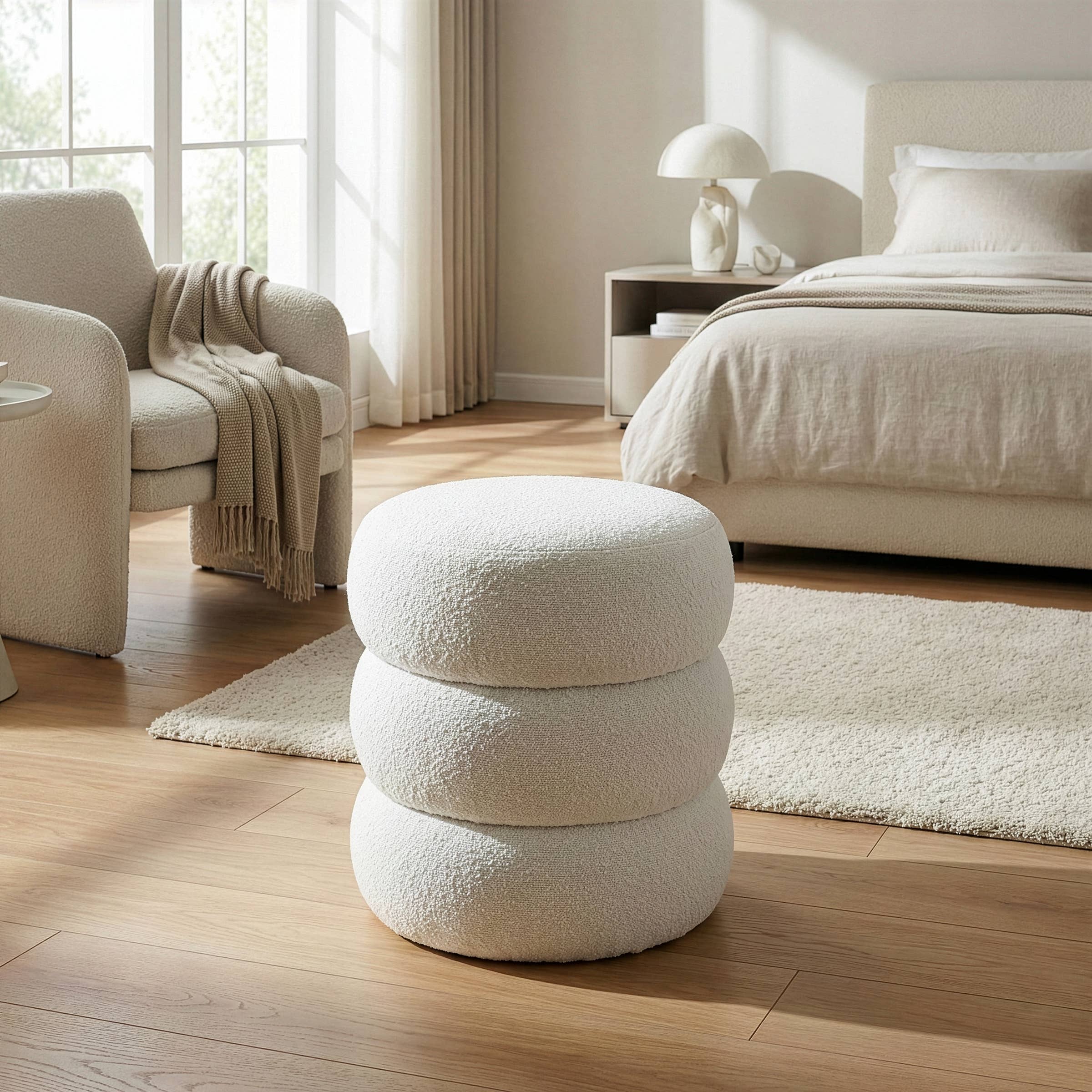 Glamour Home - Wholesale Ottoman - Azaria White Boucle Fabric Round Tufted Ottoman1
