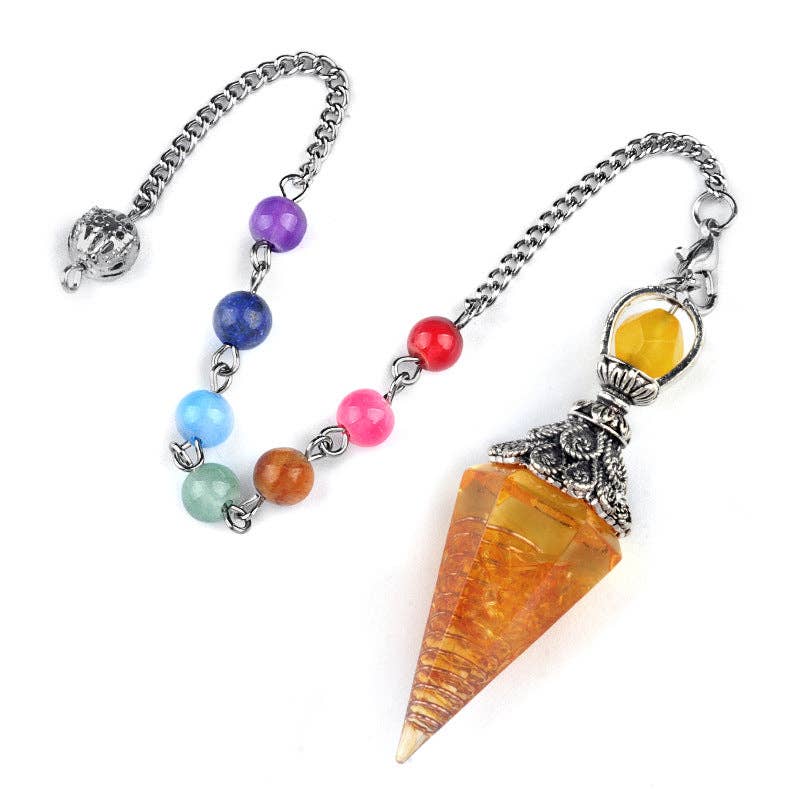 Mio Queena - Wholesale Spiritual Stone/Crystal - Hexagonal Cone Gravel Pendulum with Chakra Chain - CS13