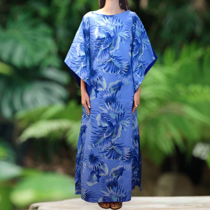 Kimono Sleeve Hawaiian Dress With Slit Design - Blue Fan Palm Leaf 2656 for wholesale by Muumuu Rainbow / DBA Princess Kaiulani Fashions