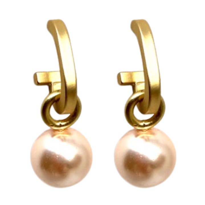 Matte Gold Paperclip and Pink Pearl Charm Earrings for wholesale by Deborah Grivas Designs