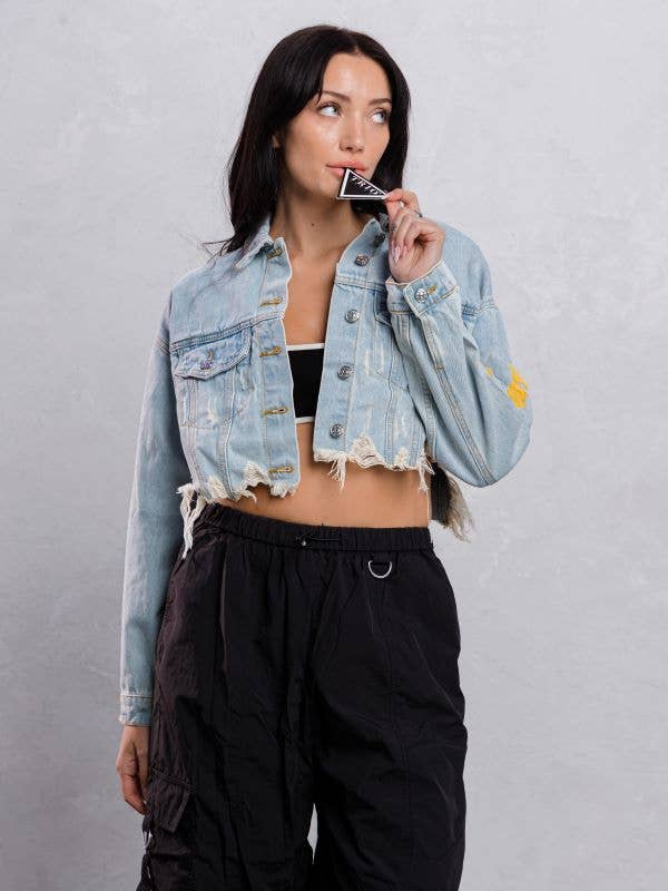 Trio Urban - Vente Veste en jean – femme - Veste courte en jean jaune Smiley Face19