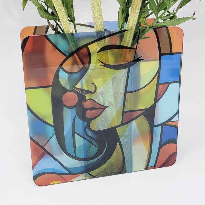 Cubist Muse: Vibrant Woman Face Acrylic Flower Vase for wholesale by MPBimage