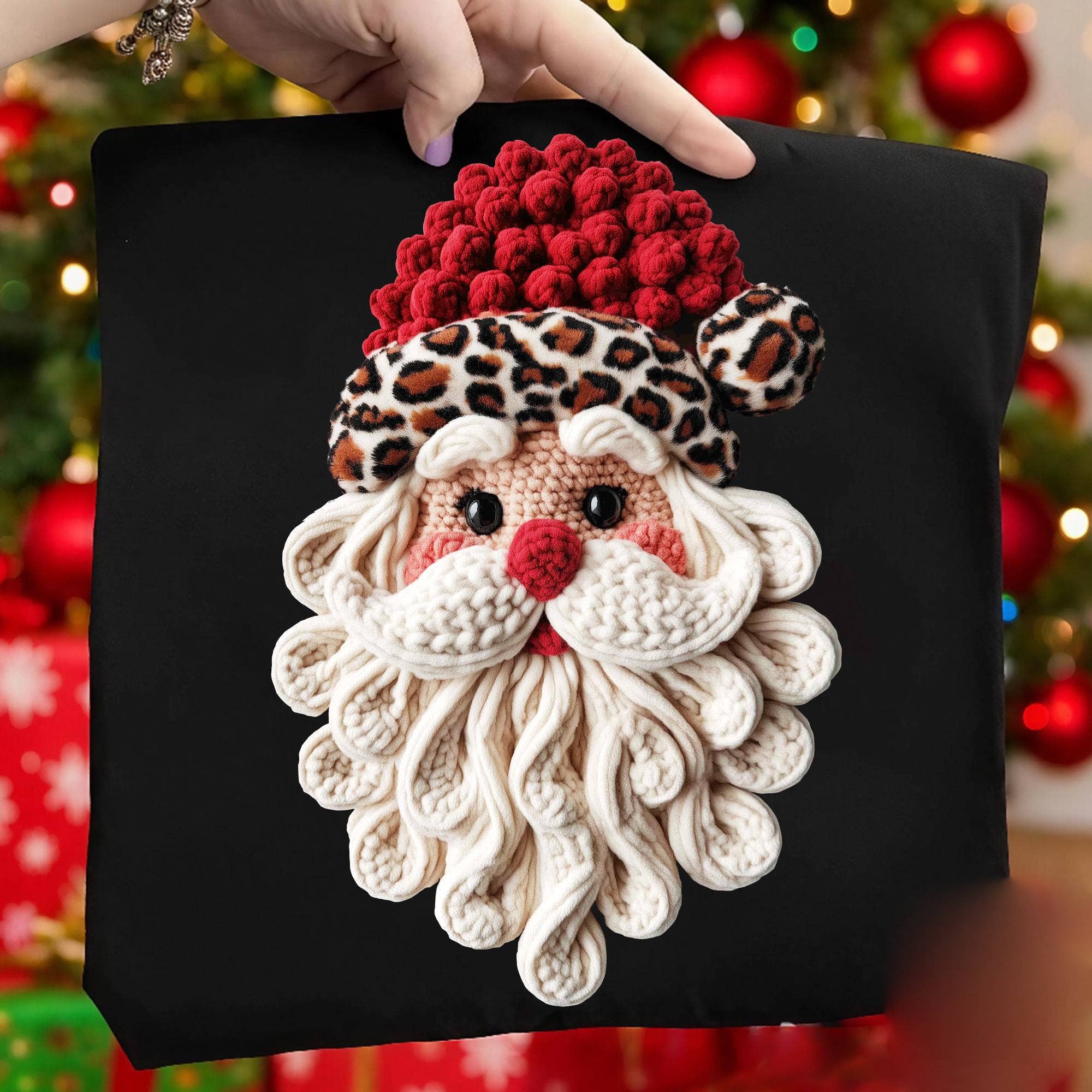 NVC Ecommerce LLC – Großhandel T-Shirt (Grafikdruck) – Damen – Leopardenmuster Weihnachtsmann Faux-Häkelshirt, Retro Garn Pink Weihnachten2