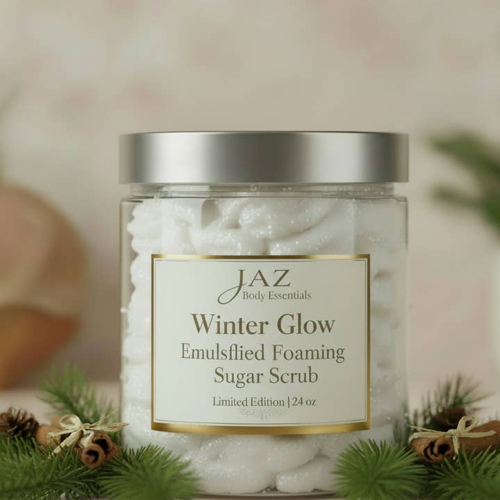 Esfoliante de Açúcar Espumoso Emulsionado Winter Glow – Tamanho Super de Férias (24 oz) por atacado de Jaz Body Essentials