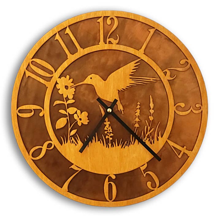 Crooks Designs - Wholesale Wall Clock - Tableau Hummingbird Clock, Wood Face on Rusted Steel Back
