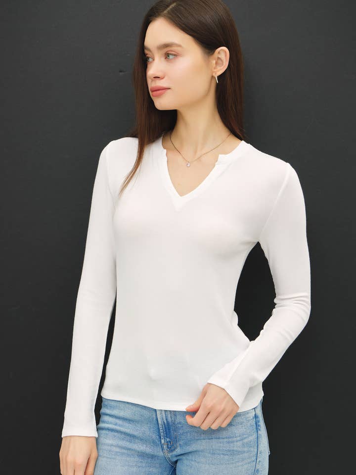 MODAL CLASSIC RIBBED NOTCHED V-NECK BASIC TOP for wholesale by Be Cool