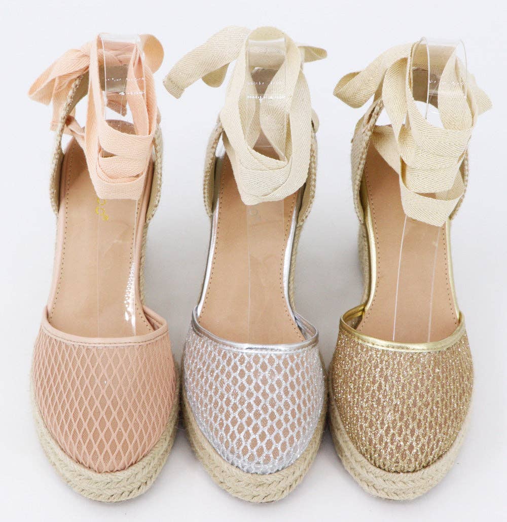 Mars Sky Shoes Wholesale - Vente Chaussures compensées – femme - Bamboo DITCH-21 Femmes Espadrilles Compensées Brillantes en Maille à Lacets - Pack de 12 Paires - 20,35/Paire2