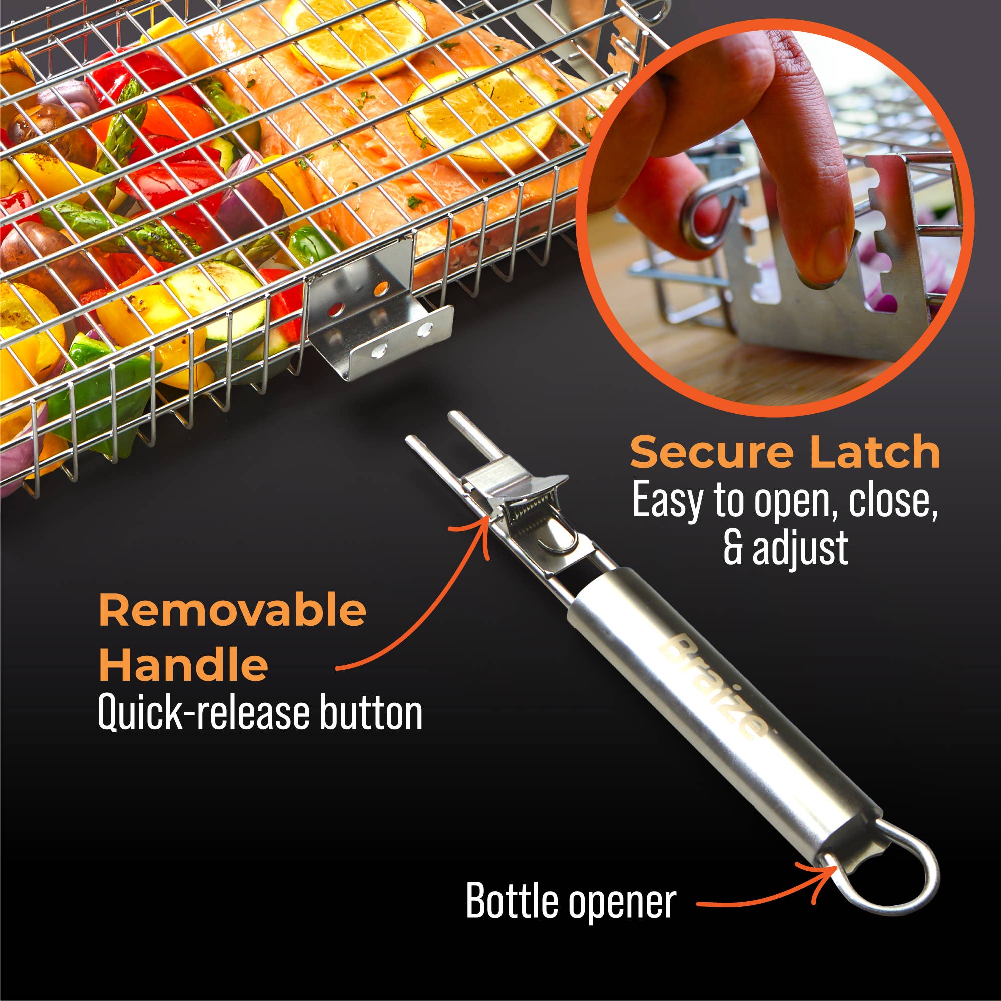 Braize – wholesale Outdoor grill tools – Adjustable Grill Basket Set w/ Handle Sponge & Basting Brush1